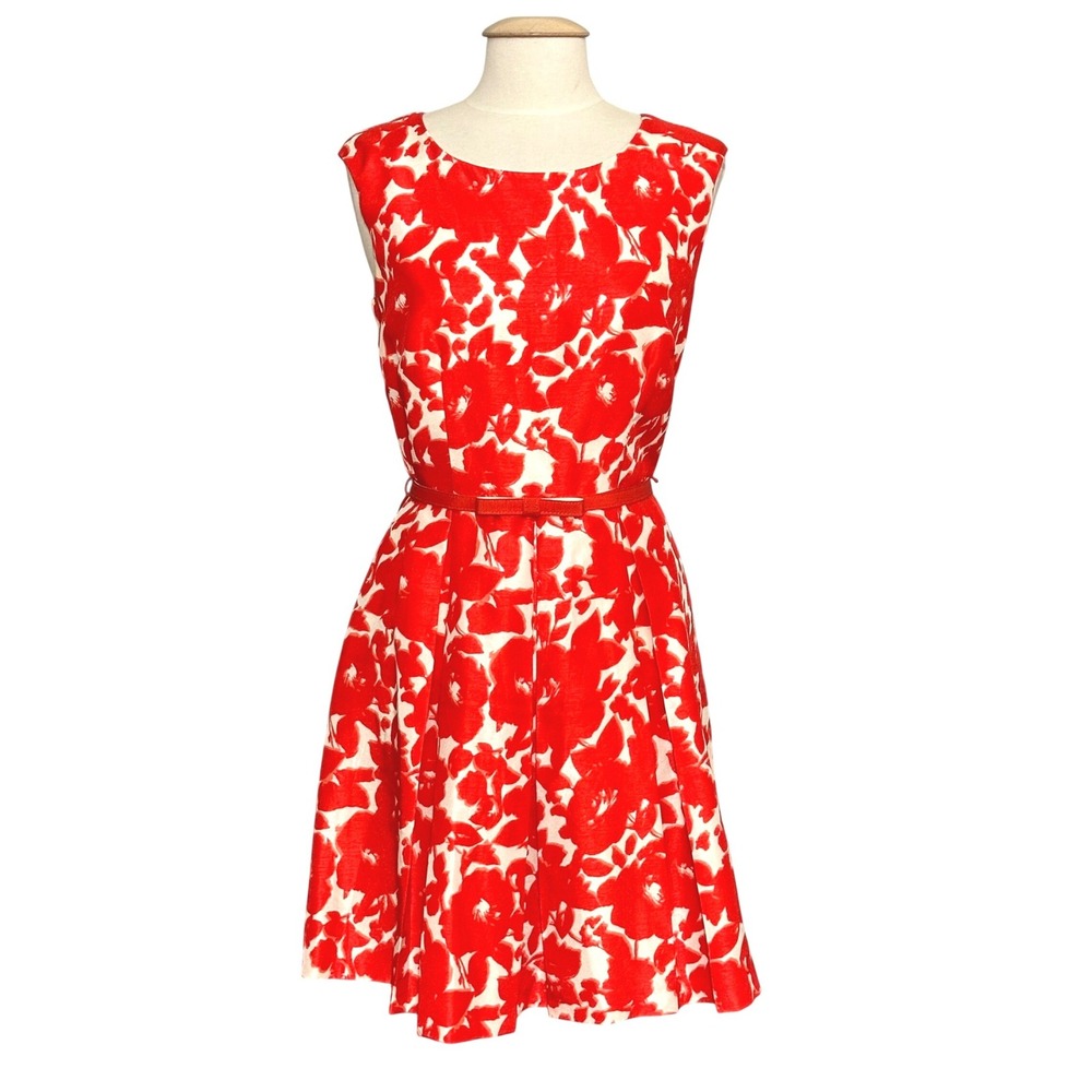 Danny Nicole Womens Dress 16 Red Orange Floral Belted Fit Flare Retro Bold